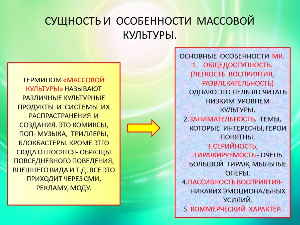 Признаки понятия массовая культура