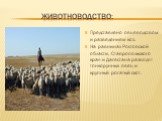 ЖИВОТНОВОДСТВО: Представлено овцеводством и разведением коз. На равнинах Ростовской области, Ставропольского края и Дагестана разводят тонкорунных овец и крупный рогатый скот.