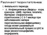 Различают теории патогенеза: I. Фетального периода. А. Инфекционные (Вирусы- кори, краснухи, ЦМВ, герпеса, гепатита; бактерии- стафилококки, стрептококки.) С 5-7 месяца при заболеваниях матери перечисленными инфекциями у плода может развиваться воспалительный процесс в ЦНС в виде менингоэнцефалита, 