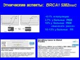 Этнические аспекты: BRCA1 5382insC. ~0.1% в популяции 3.7% у больных РМЖ 10% у больных РМЖ «высокого риска» 10-15% у больных РЯ