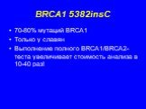 BRCA1 5382insC. 70-80% мутаций BRCA1 Только у славян Выполнение полного BRCA1/BRCA2-теста увеличивает стоимость анализа в 10-40 раз!