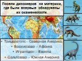 Трицератопс– Северная Америка. Брахиозавр – Африка Игуанодон – Европа Сальтозавр – Южная Америка. Посели динозавров на материки, где были впервые обнаружены их окаменелости.