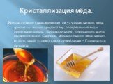 Кристаллизация мёда. Кристаллизация (засахаривание) не ухудшает качеств мёда, кристаллы только придают ему определённый вид и привлекательность. Кристаллизация происходит за счёт испарения влаги. Скорость кристаллизации мёда зависит от того, какой углевод в мёде преобладает – Глюкоза или фруктоза.