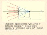 Отражение параллельного пучка лучей от выпуклого зеркала. F – мнимый фокус зеркала, O – оптический центр; OP – главная оптическая ось.