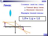 Линза: Главный фокус линзы Фокальная плоскость. Основные свойства линзы: Формула тонкой линзы: 1/F= 1/d + 1/f