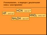 Расположить в порядке увеличения силы электролита: HF K=7.10-4 HCN K=8.10-10 HNO2 K=5,1.10-4 NH4OH K=2.10-5