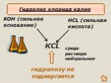 KCL. KOH (сильное основание). гидролизу не подвергается. среда раствора нейтральная. Гидролиз хлорида калия
