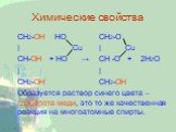 CH2-ОН НО CH2-O | Cu	| Cu CH-ОН + НО	→ CH -O + 2Н2О | | СН2-ОН СН2-ОН Образуется раствор синего цвета – глицерата меди, это то же качественная реакция на многоатомные спирты.