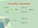 Способы получения. 1) CH2-Cl CH2-OH | + 2 NaOH → |	+ 2NaCl CH2-Cl CH2-OH 2) CH2 CH2-OH | O + H2O → | CH2 CH2-OH