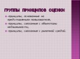 Группы принципов оценки. -принципы, основанные на представлениях пользователя, -принципы, связанные с объектами недвижимости, -принципы, связанные с рыночной средой.