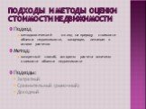 Подходы и методы оценки стоимости недвижимости. Подход методологический взгляд на природу стоимости объекта недвижимости, концепция, лежащая в основе расчетов Метод: конкретный способ, алгоритм расчета величины стоимости объекта недвижимости Подходы: Затратный Сравнительный (рыночный) Доходный