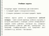 В структуре задачи обязательны два компонента: 1) предмет задачи в исходном состоянии, 2) модель требуемого состояния предмета задачи. Учебная задача дается в определенной учебной ситуации - такой особой единицы учебного процесса, в которой школьники с помощью учителя обнаруживают предмет своего дей