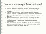 Этапы усвоения учебных действий. Учебные действия, с помощью которых решаются учебные задачи, совершаются с помощью многих различных учебных операций. Для того чтобы учащиеся овладели способами выполнения учебных действий, необходимо сначала выполнять эти действия при полной развернутости всех опера