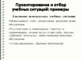 Ежедневно используемые учебные ситуации: Математика: счёт, вычисления, решение задач, обсуждение Русский язык и литература: «чисто-» и скороговорки, чтение вслух и про себя, письмо, «Дневник читателя», повествование/описание, обсуждение Естествознание: Дневник наблюдений