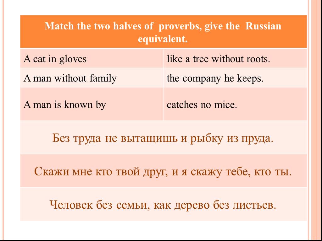Match the english and russian equivalents. English Proverbs with Russian equivalents. Find Russian equivalents to these English Proverbs.