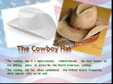 The cowboy hat is a high-crowned, wide-brimmed hat best known as the defining piece of attire for the North American cowboy. The cowboy hat has often symbolized the United States frequently, often paired with an oil well. The Cowboy Hat
