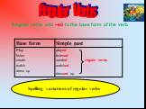 Regular verbs add –ed to the base form of the verb. Regular Verbs. Spelling variations of regular verbs
