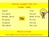 Watch the conjugation of the verbs “to play” “to go”. I played You played He/She/It played We played You played They played. I went You went He/She /It went We went You went They went. What do you notice? Is the Simple Past form the same for all the pronouns? Yes