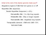 What is the rest of the human genome made up of? Regulatory regions of DNA that turn genes on or off Repetitive DNA sequences: Tandem Repetitive Sequences (~10%) Microsatellite DNA: 2 to 4bp long repeats Minisatellite DNA: 20bp or longer repeats Macrosatellite DNA: megabase long repeats Transposable