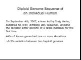 Diploid Genome Sequence of an Individual Human. On September 4th, 2007, a team led by Craig Venter, published his (ovn) complete DNA sequence, unveiling the six-billion-letter genome of a single individual for the first time. 44% of known genes had one or more alterations >0.5% variation between 
