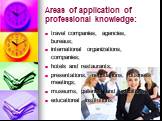 Areas of application of professional knowledge: travel companies, agencies, bureaus; international organizations, companies; hotels and restaurants; presentations, negotiations, business meetings; museums, galleries and exhibitions; educational institutions.