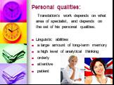 Personal qualities: Translation's work depends on what area of ​​specialist, and depends on the set of his personal qualities. Linguistic abilities a large amount of long-term memory a high level of analytical thinking orderly attentive patient