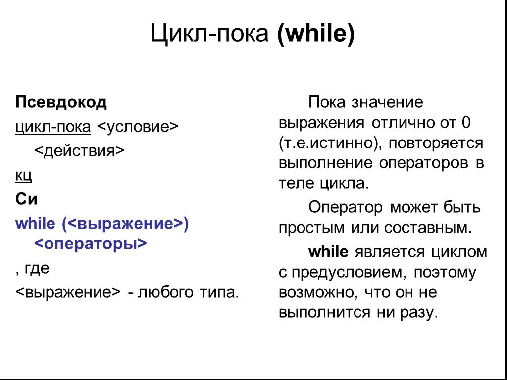 Пока значение. Псевдокод цикл. Псевдокод цикл пока. While в псевдокоде. Цикл с постусловием псевдокод.