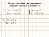 Каким способом рациональнее решить данные системы? 2х + 11у = 15 2. 2х + у = 12 10х – 11у = 9 7х – 2у =31 3х – у = 0 5х – у = -4
