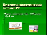 Кислота никотиновая витамин РР. Форма выпуска: табл. 0,05; амп. 1%-1 мл
