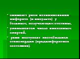 снижают риск возникновения инфаркта (и инсульта) у больных, получающих статины, уменьшается число внезапных смертей, реже наступает нестабильная стенокардия (предынфарктное состояние).