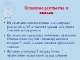 Не отмечено статистически достоверных различий в АД и частоте пульса до и после лечения мебеверином Не отмечено серьезных побочных эффектов. Описан один случай головокружения в течение 3 дней, однако пациент продолжил лечение Лечение в течение 3 недель более эффективно недельного курса лечения