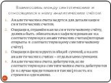 Взаимосвязь между синтетическим и относящимся к нему аналитическим счётом. Аналитические счета ведутся для детализации синтетических счетов. Операция, отражённая по синтетическому счёту, должна быть обязательно зафиксирована и на соответствующих аналитических счетах (которые открыты к соответствующе