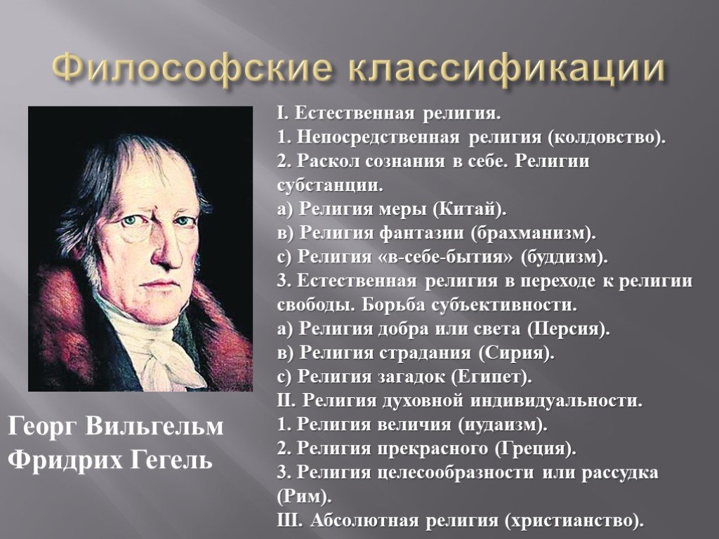 Религии и философские учения. Классификация религий по Гегелю. Понятие «естественной религии». Классификация философии. Классификация философов.