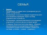 СЕМЬЯ. Задачи: Организация и совместное проведение досуга детей и родителей; Организация психолого-медико-педагогического просвещения родителей через систему родительского всеобуча; Организация целенаправленного просвещения родителей по вопросам воспитания детей. Создание благоприятной атмосферы общ