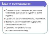 Задачи исследования. Сравнить спортивные достижения учеников Дениса (не курит) и Вити (курит). Сравнить их успеваемость, пропуски. Выявить их отношения с другими учащимися класса. Сделать по результатам исследования вывод.