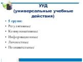 УУД (универсальные учебные действия). 5 групп: Регулятивные Коммуникативные Информационные Личностные Познавательные