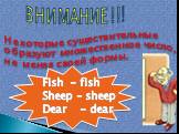 ВНИМАНИЕ !!! Некоторые существительные образуют множественное число, не меняя своей формы. Fish - fish Sheep – sheep Dear - dear