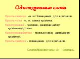 Крольчатник -а, м.Помещения для кроликов. Крольчиха -и, ж. самка кролика. Кроликовод - человек, занимающийся кролиководством. Кролиководство - промысловое разведение кроликов. Крольчатник - помещение для кроликов. Словообразовательный словарь.