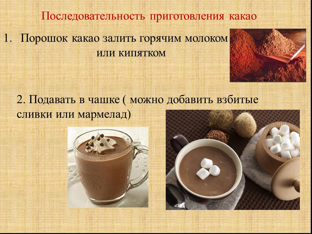 Пропорции шоколада и масла. Приготовление горячих напитков. Последовательность приготовления какао. Технология приготовления какао. Какао презентация.