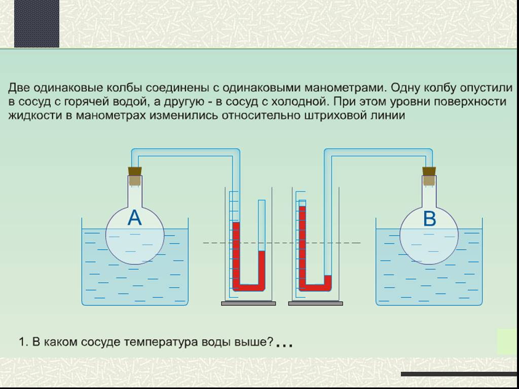 Вода в сосуде 120. Колбу с газом соединили с u-образным жидкостным манометром. Две одинаковые колбы соединены. Две одинаковые колбы соединены с одинаковыми манометрами. Колбу с газом соединили с u-образным жидкостным манометром рисунок.