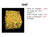 Gold. Ultimate tens. Strength(psi) 14503.7 Yield strength (psi) 34809 Elongation % Hardness Rockwell or Brinell 27267 Modulus of Elasticity (psi) 11*10^6 Machinibility