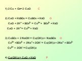 2 Cu + O2= 2 CuO	С CuO + H2SO4 = CuSO4 + H2O О CuO + 2H+ + SO42- = Cu2+ + SO42- + H2O CuO + 2H+ = Cu2+ + H2O 3) CuSO4 + 2 NaOH = Cu(OH)2 + Na2SO4 О Cu2+ +SO42- + 2Na+ + 2OH- = Cu(OH)2 + 2Na+ + SO42- Cu2+ + 2OH- = Cu(OH)2 4) Cu(OH)2 = CuO + H2O Р