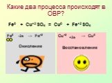 Какие два процесса происходят в ОВР? Fe0 + Cu+2SO4 = Cu0 + Fe+2SO4 Fe0 → Fe+2 - -2е Окисление Cu+2 → Cu0 +2е Восстановление