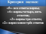 Критерии оценки: «5»- все ответы верны; «4»-верны четыре, пять ответов; «3»-верны три ответа; «2»-верно менее трёх ответов