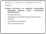 Вопрос 3. Причины неэффективности фирмы. Потеря контроля по причине увеличения размеров фирмы (рост количества трансакций). Потеря контроля. Искажение информации (бюрократизация фирмы) Ослабление мотивации. Рост издержек учёта.