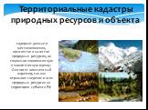 Территориальные кадастры природных ресурсов и объекта. - содержат данные о местоположении, количестве и качестве природных ресурсов, их социально-экономическую и экологическую оценку. Они носят комплексный характер, так как отражают сведения о всех природных ресурсах на территории субъекта РФ