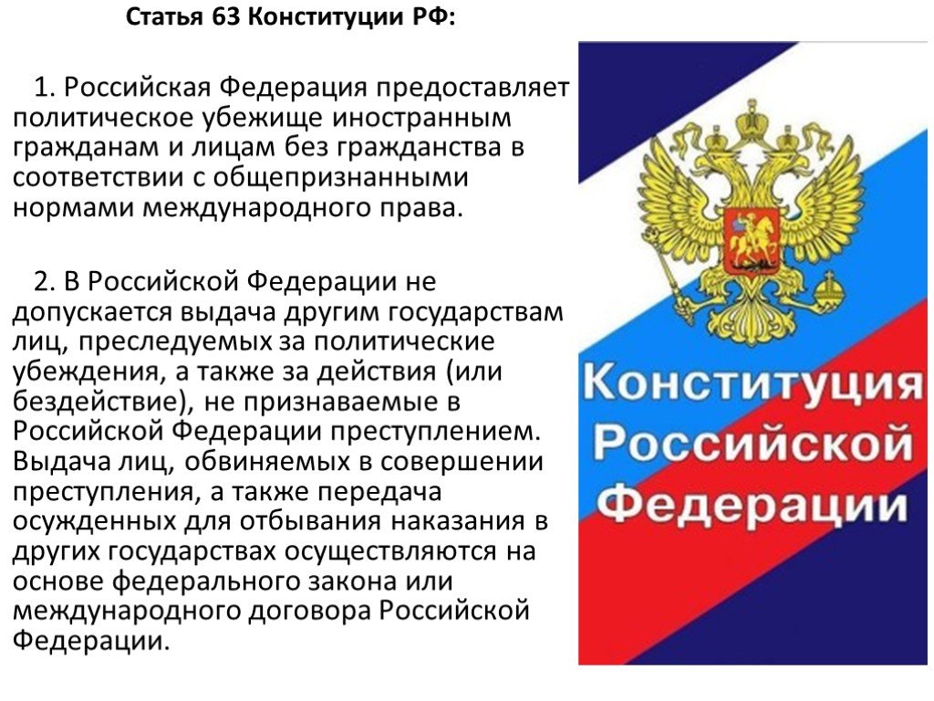 Выдача другим государством лиц за политические убеждения. Ст 63 Конституции РФ. Статья 63 Конституции Российской Федерации. Право политического убежища в Российской Федерации. Право политического убежища в РФ Конституция.