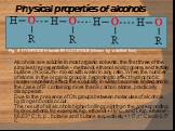 Physical properties of alcohols. Alcohols are soluble in most organic solvents, the first three of the simplest representative - methanol, ethanol and propane, and tertiary butane (NS)SON - mixed with water in any ratio. When the number of atoms in the organic group is beginning to affect hydrophobi