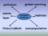 pollution Ecological problems litter/rubbish global warming overpopulation habitats ozone layer