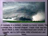 A tornado is a violent, inland cyclonic storm. The tornado has a funnel-shaped trunk that reaches down from a dark thundercloud and whirls at speeds up to 300 miles (482 kilometers) per hour.